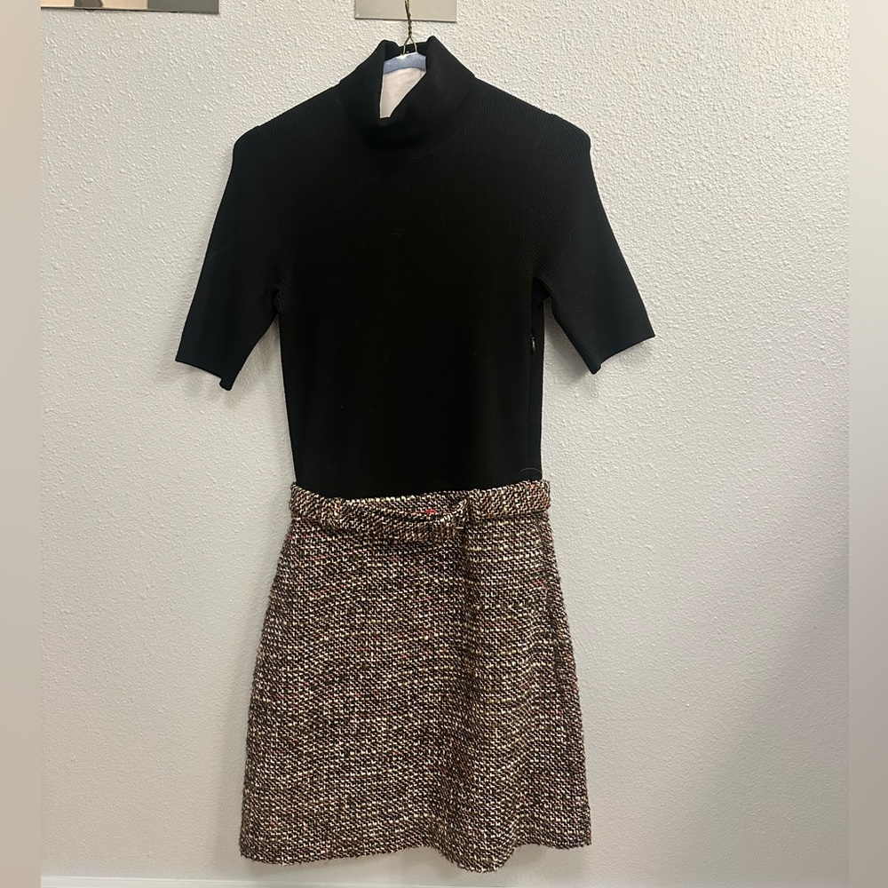 Theory Knit Combo Mini Dress Black and Multi Tweed - Picture 2 of 3